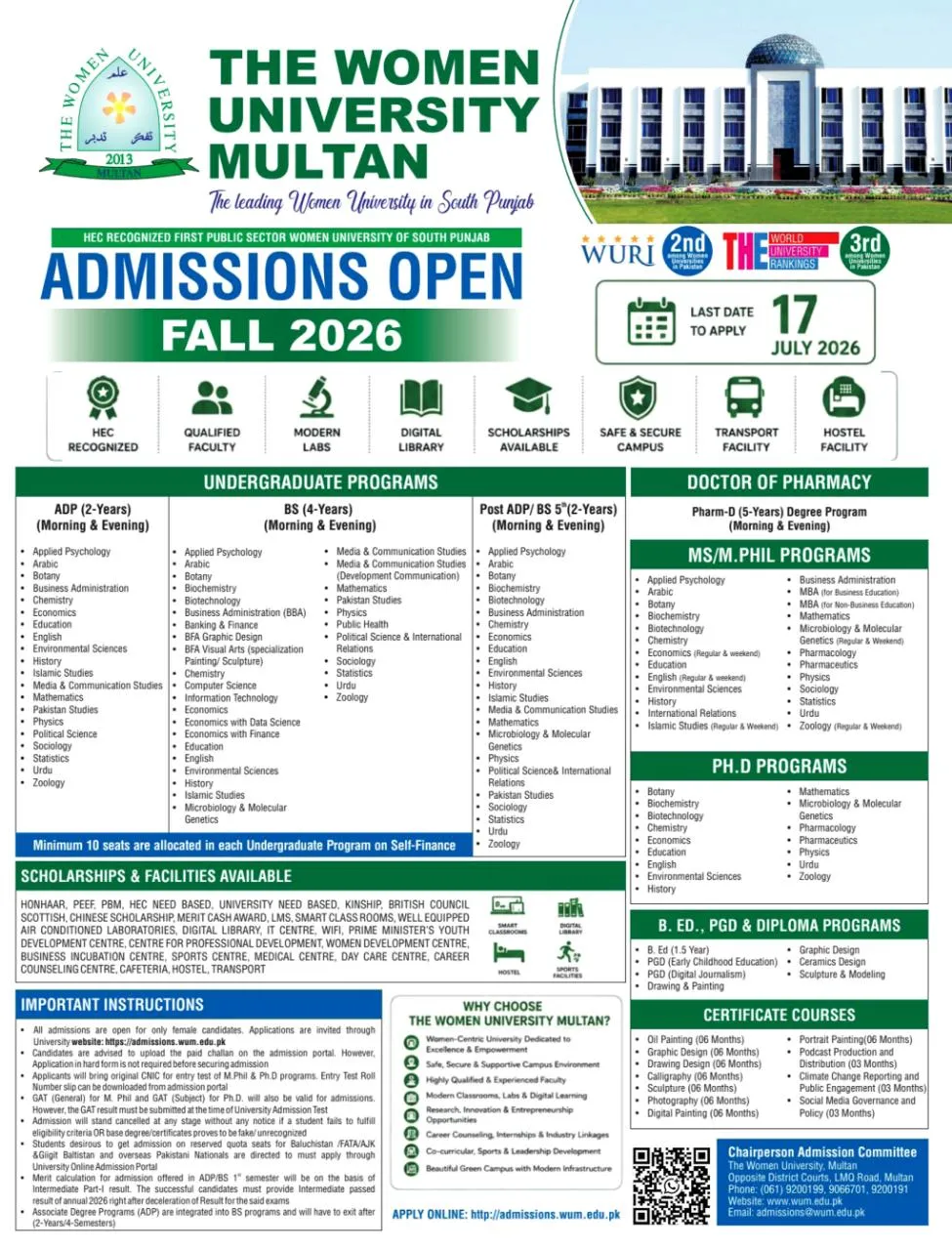 The Women University Multan (TWU) - Undergraduate Programs (Fall Admission 2026)