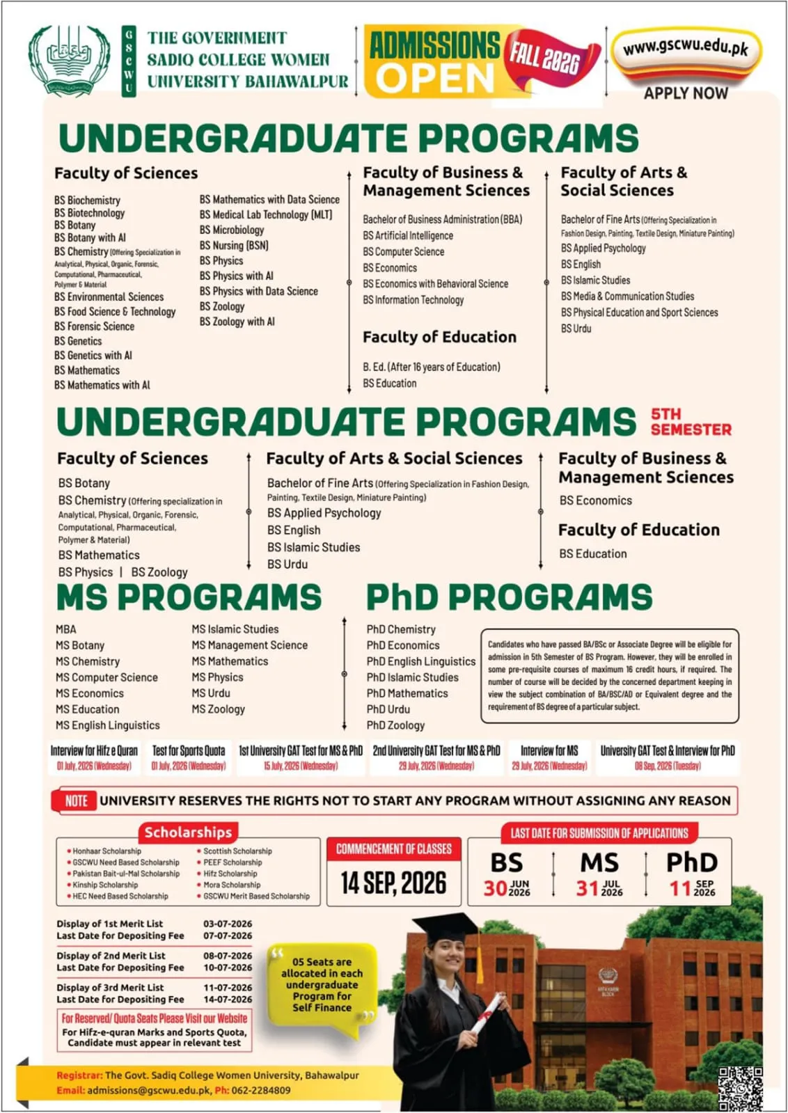 Government Sadiq College Women University Bahawalpur (GSCWU) - Under Graducate / Graduate / Post Graduate Programs (Fall Admission 2026)