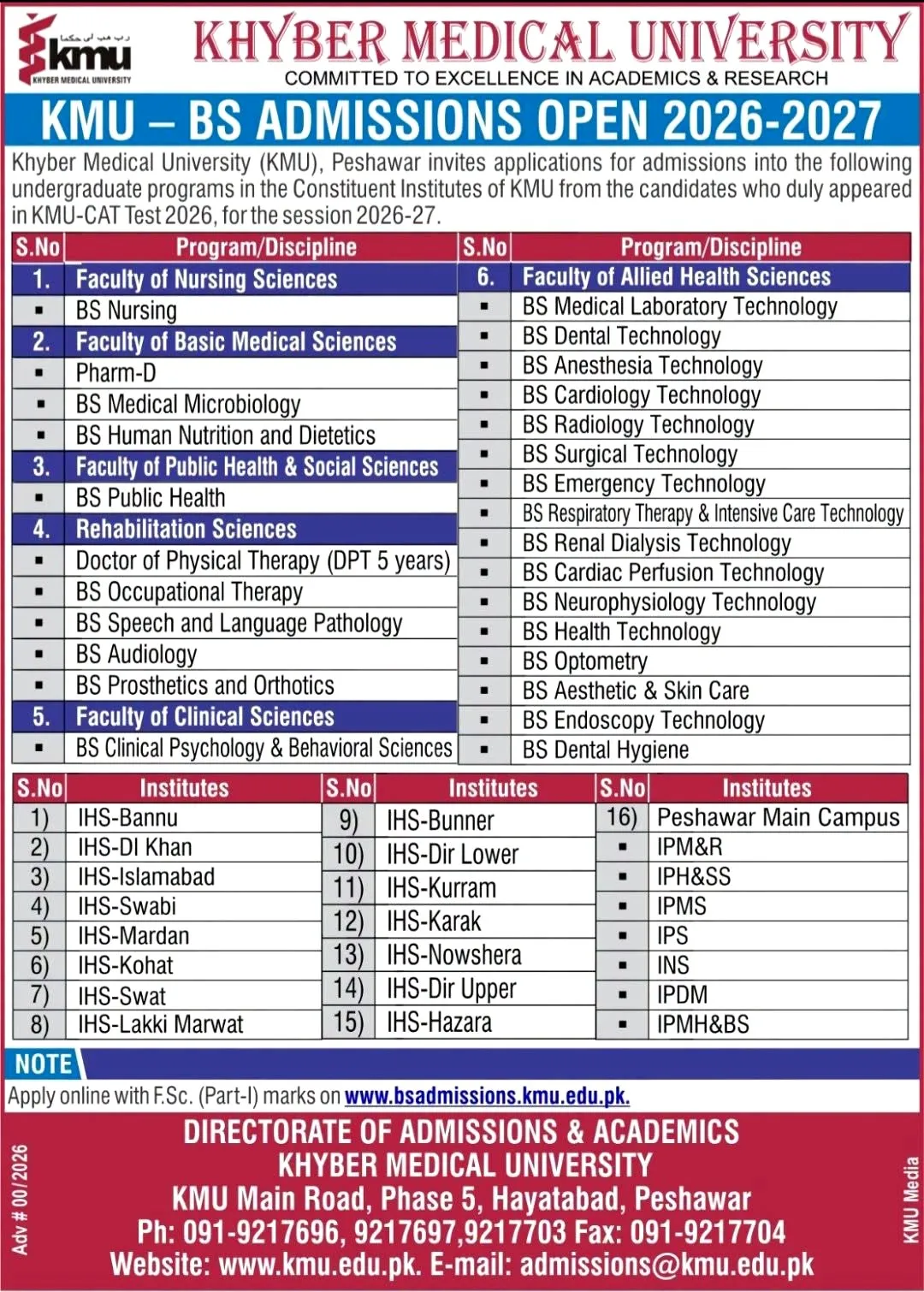 Khyber Medical University Peshawar (KMU) - Undergraduate Programs ( all Constituent Institutes Admissions 2026)