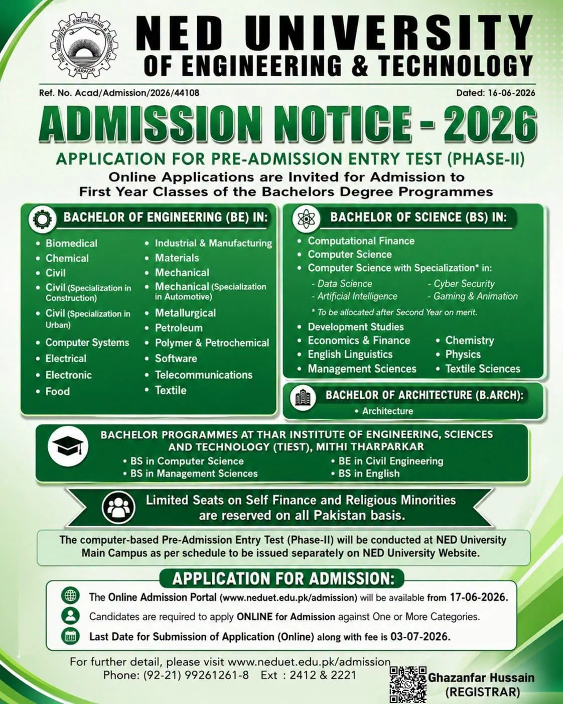 NED University of Engineering & Technology Karachi (NEDUET) Pre Admission Entry Test 2026 admission advertisement