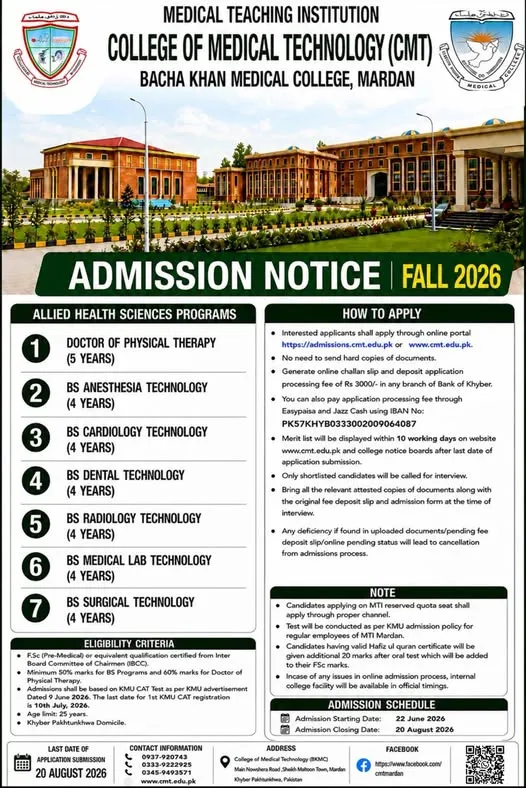 Bacha Khan Medical College (BKMC) - Allied Health Sciences Programs (AHS Programs Admission 2026)