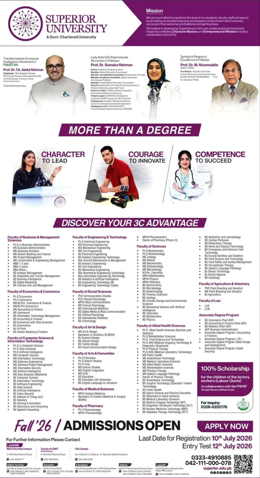 Superior University, Lahore Fall Admission 2026 admission advertisement Superior University, Lahore Fall Admission 2026 admission advertisement