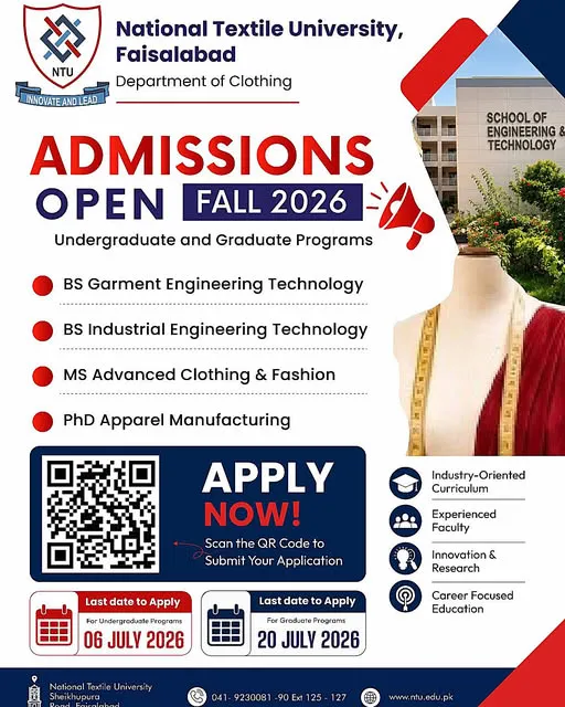 National Textile University Faisalabad (NTU) Fall Admission 2026 admission advertisement National Textile University Faisalabad (NTU) Fall Admission 2026 admission advertisement