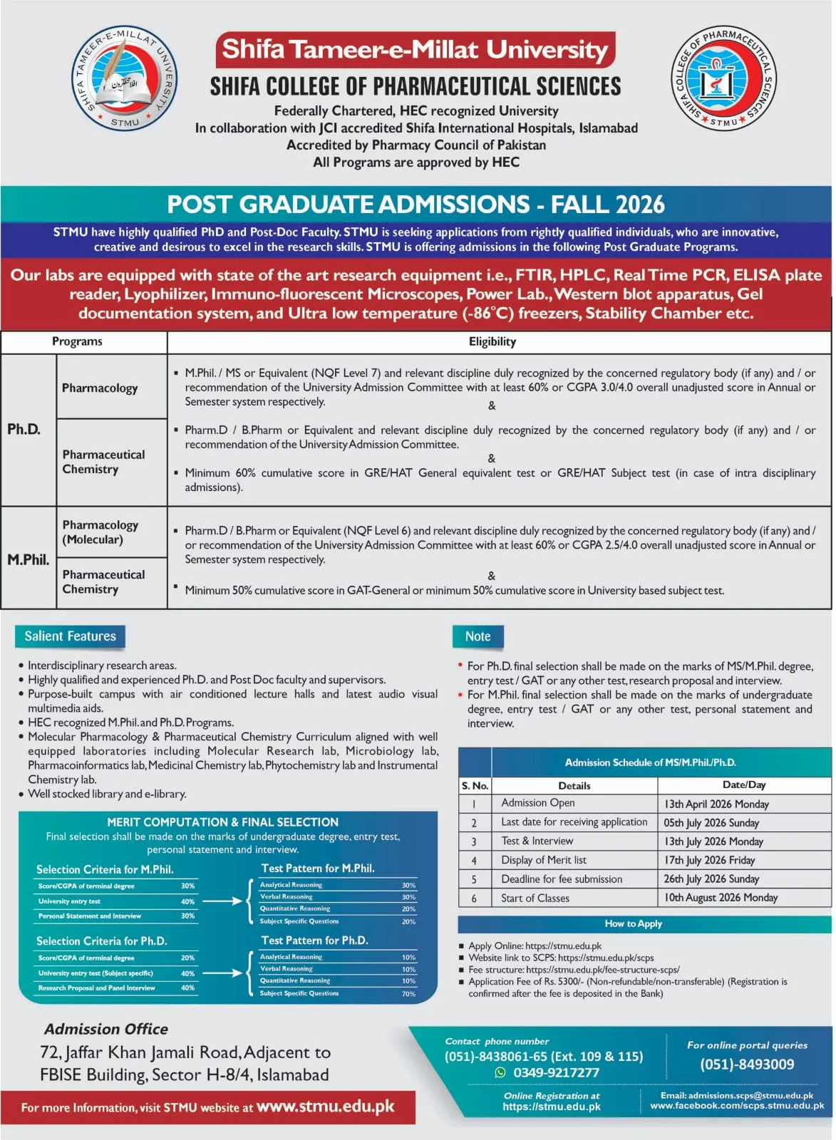 Shifa Tameer-e-Millat University Islamabad (STMU) PG Fall Admission 2026 admission advertisement