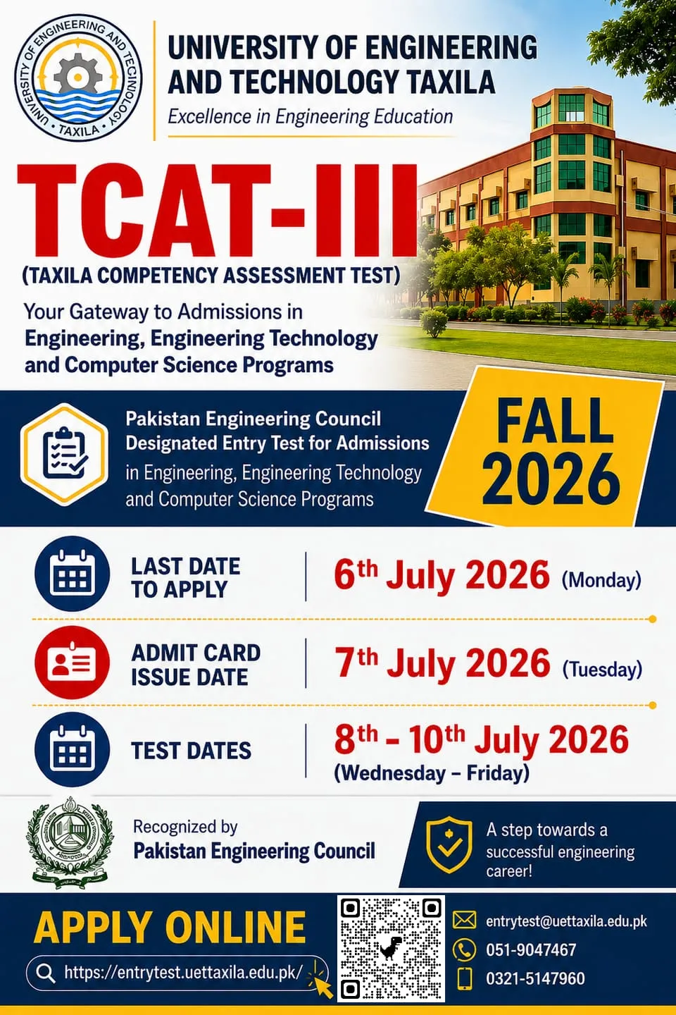 University of Engineering & Technology, Taxila (UET Taxila) - Entry test (TCAT-III Test 2026)