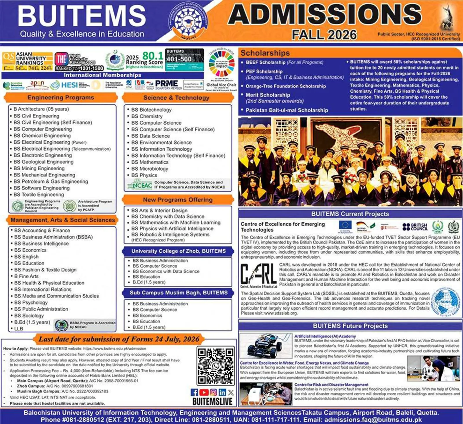 Balochistan University of Information Technology, Engineering & Management Sciences Quetta (BUITEMS) - Undergraduate Programs (Fall Admission 2026)