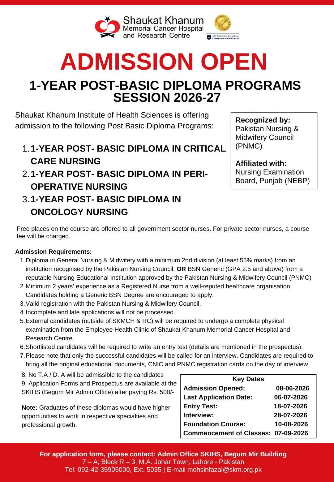 Shaukat Khanum Institute of Health Sciences Lahore 1-Year Post-Basic Diploma Programs 2026 admission advertisement Shaukat Khanum Institute of Health Sciences Lahore 1-Year Post-Basic Diploma Programs 2026 admission advertisement