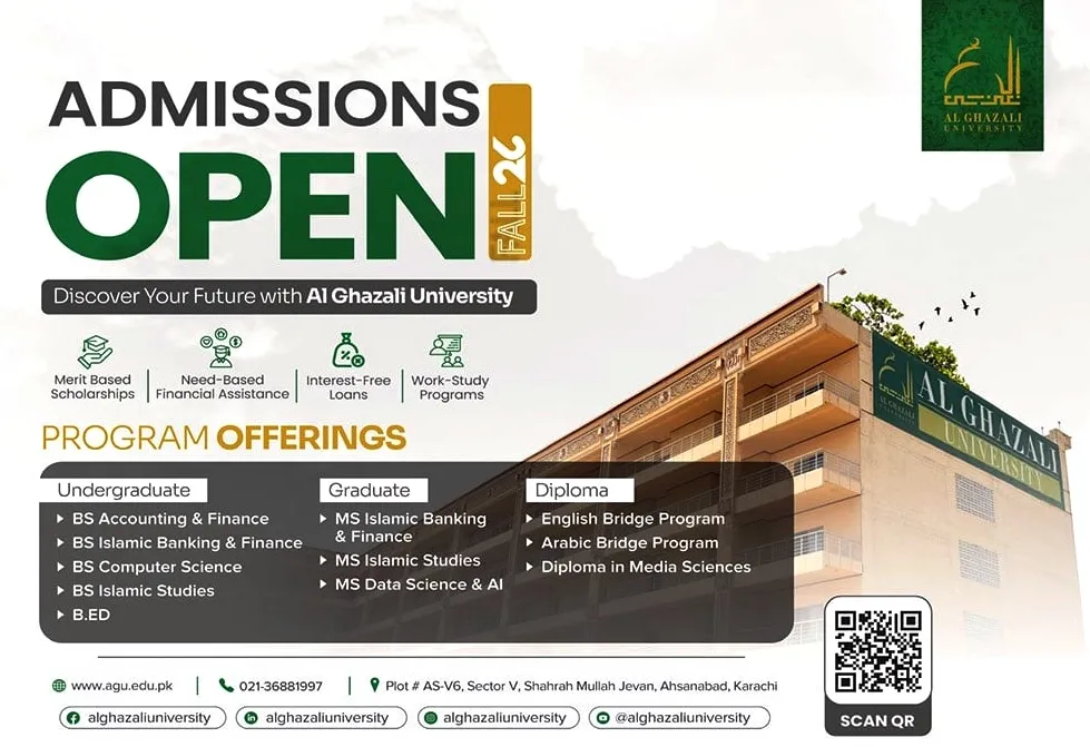 Al-Ghazali University Karachi (AGU) Fall Admission 2026 admission advertisement Al-Ghazali University Karachi (AGU) Fall Admission 2026 admission advertisement