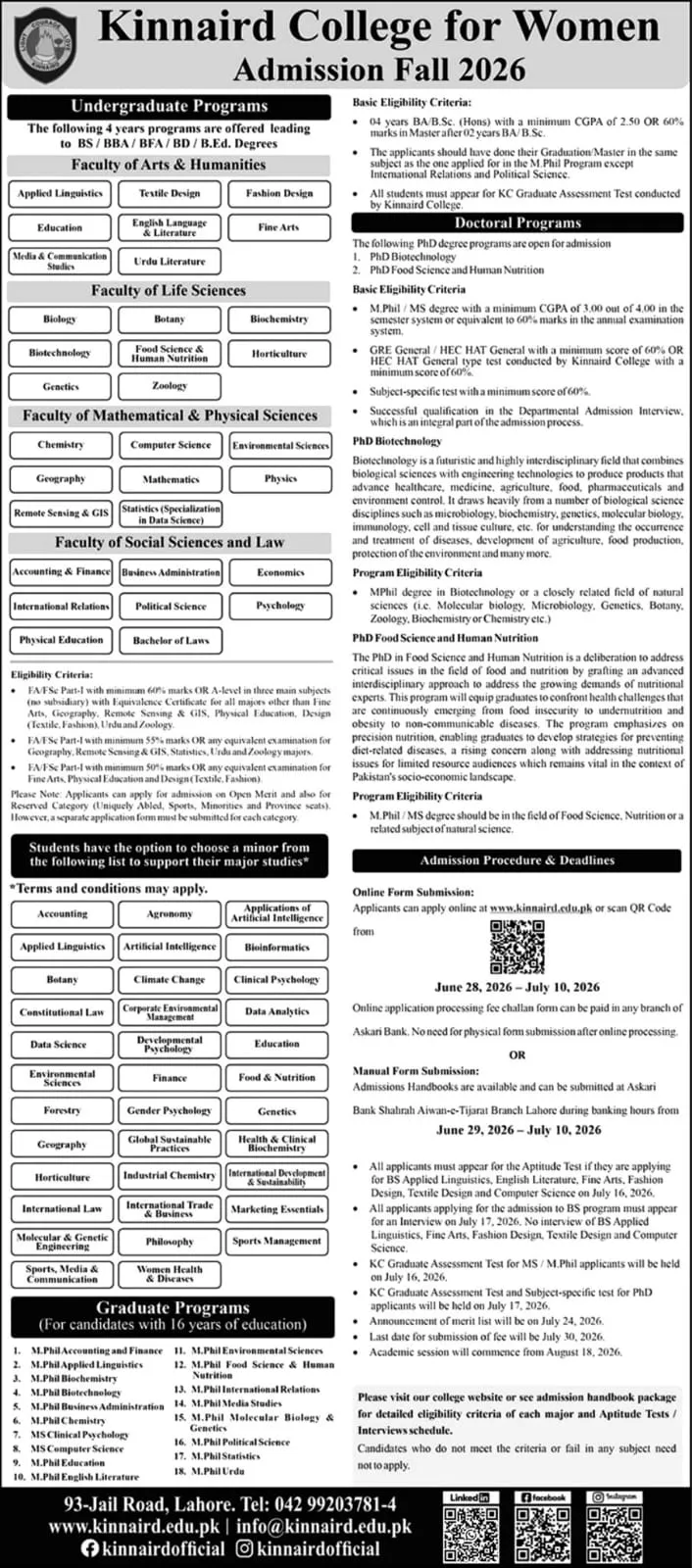 Kinnaird College for Women Lahore (KCW) Fall Admission 2026 admission advertisement Kinnaird College for Women Lahore (KCW) Fall Admission 2026 admission advertisement