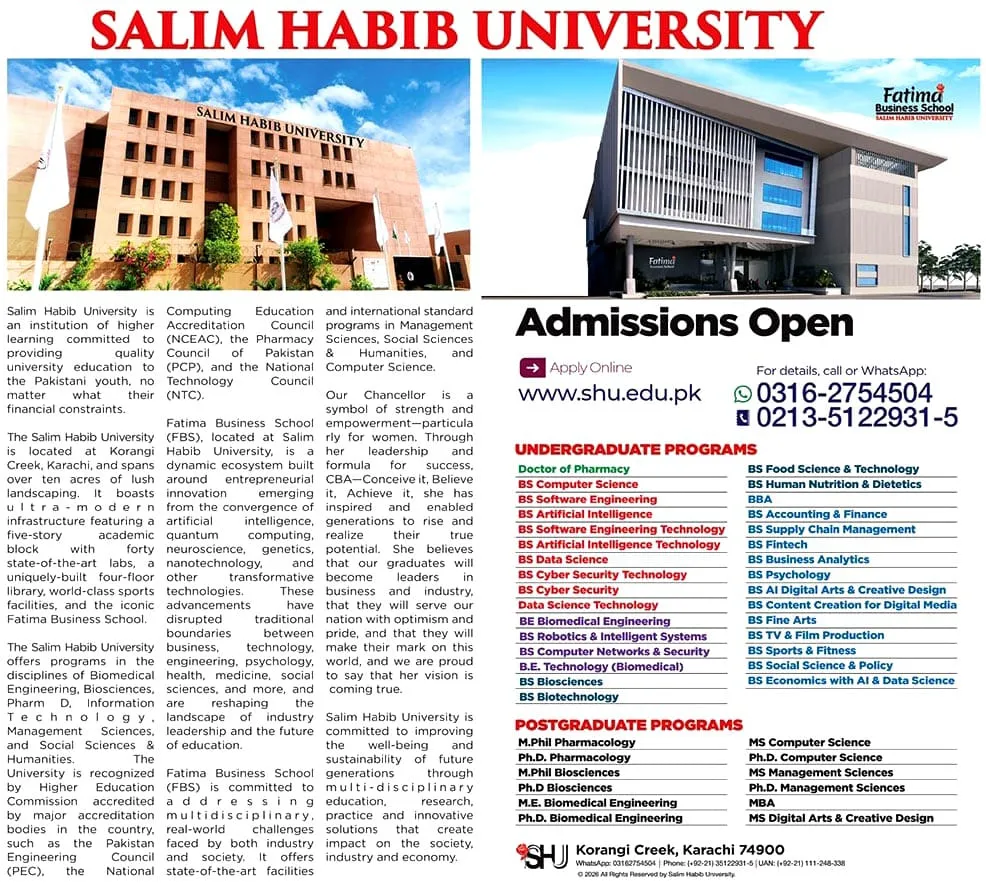 Salim Habib University Karachi (SHU) - Under Graducate / Graduate / Post Graduate Programs (Fall Admission 2026)