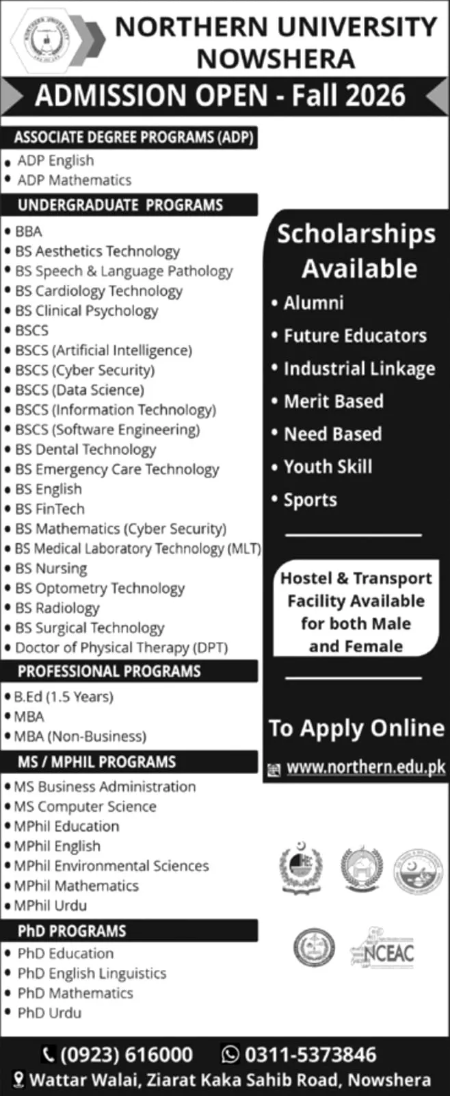 Northern University Nowshera (Northern) Fall Admission 2026 admission advertisement