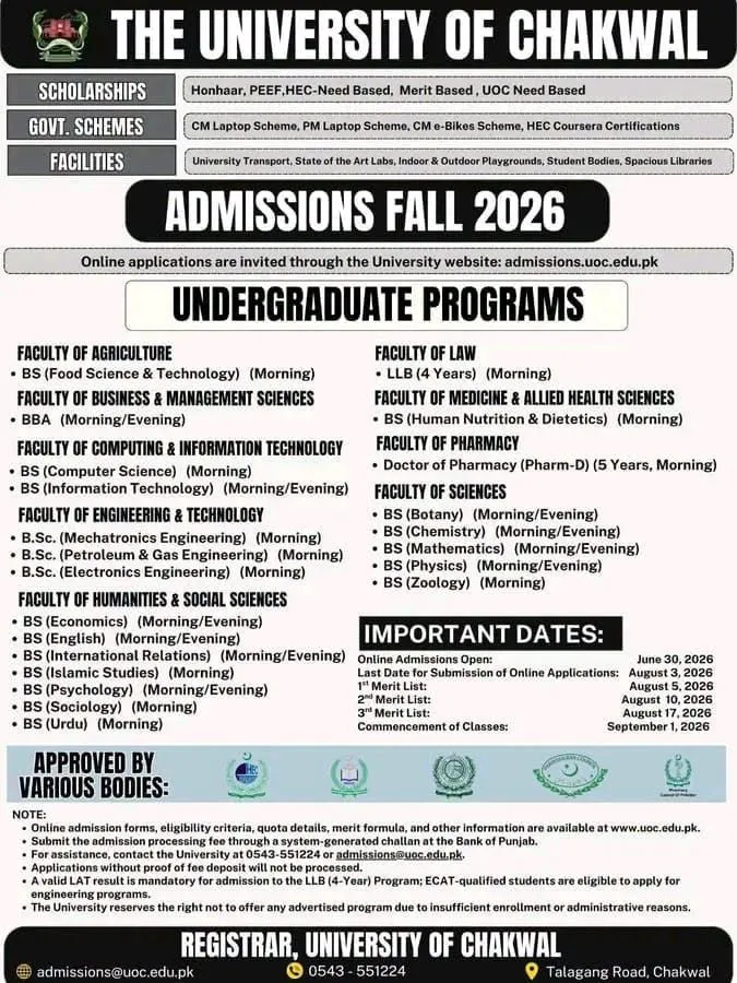 University of Chakwal (UC) Fall Admission 2026 admission advertisement University of Chakwal (UC) Fall Admission 2026 admission advertisement