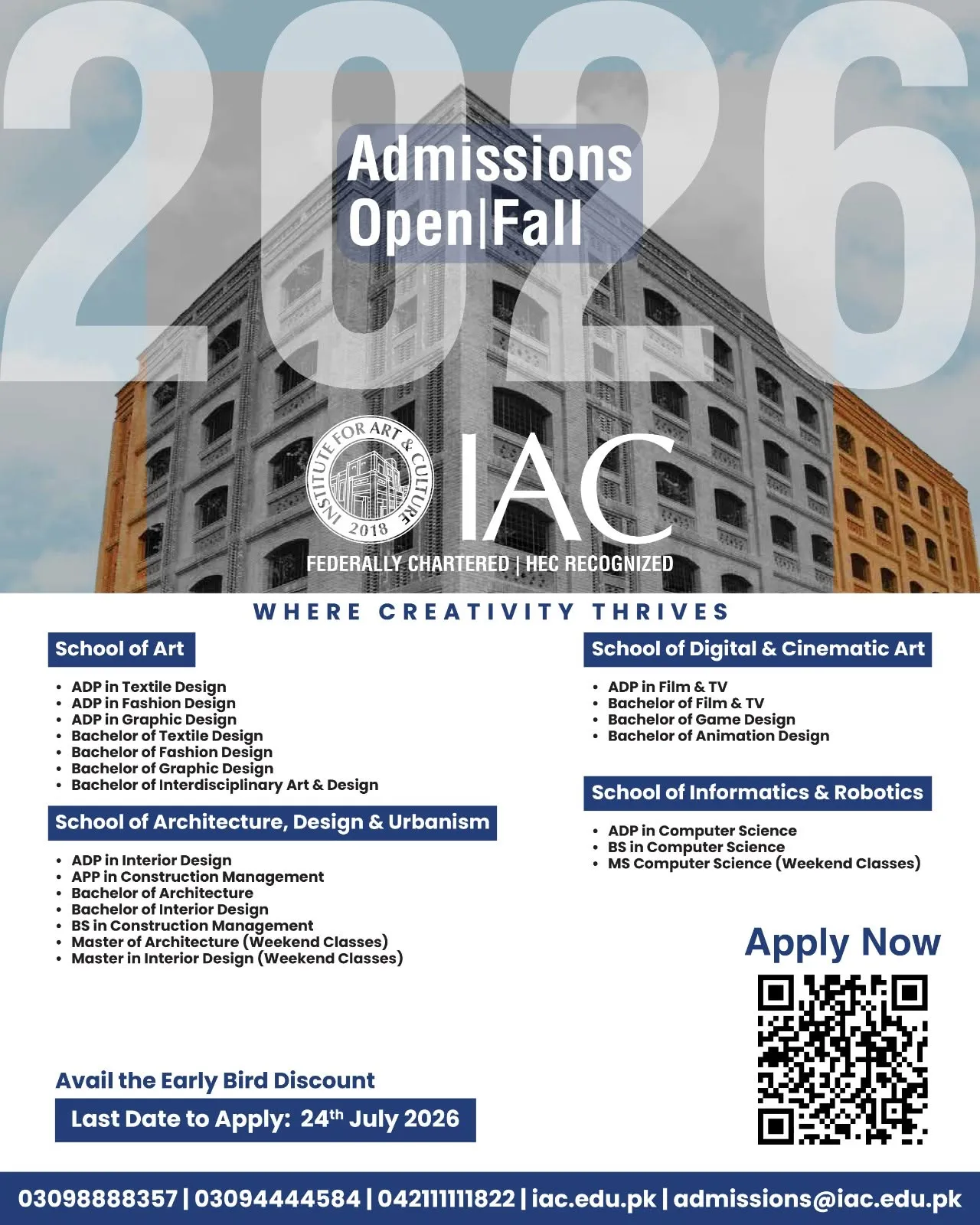 Institute for Art and Culture (IAC) Fall Admission 2026 admission advertisement
