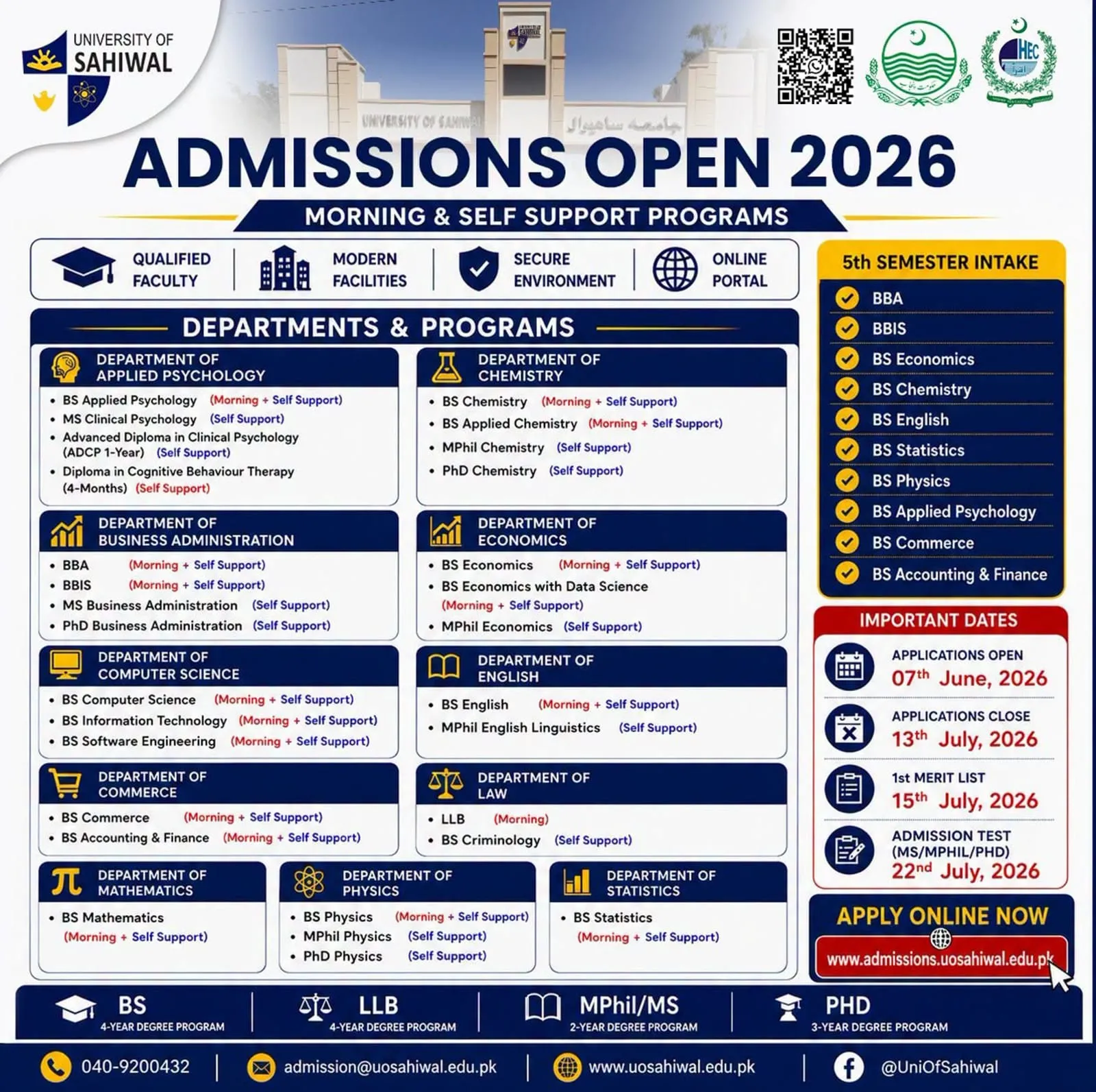 University of Sahiwal (US) - Under Graducate / Graduate / Post Graduate Programs (Fall Admission 2026)