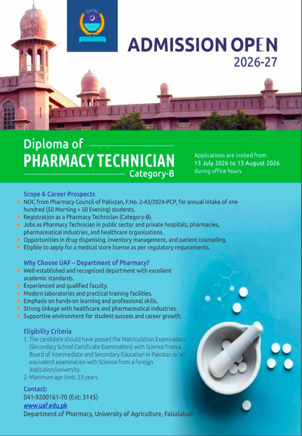 University of Agriculture Faisalabad (UAF) - Diploma (Diploma of Pharmacy Technician 2026)