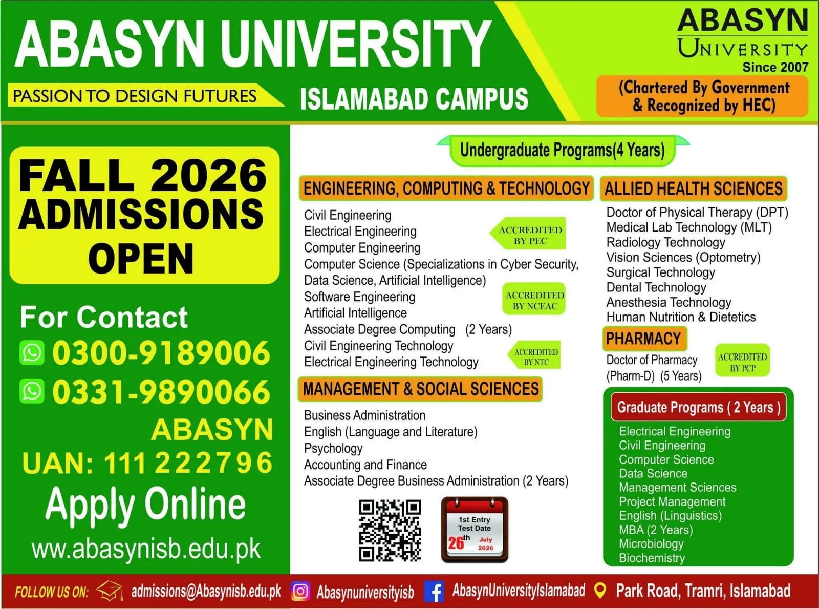 Abasyn University Islamabad ABU (Abasyn) Fall Admission 2026 admission advertisement