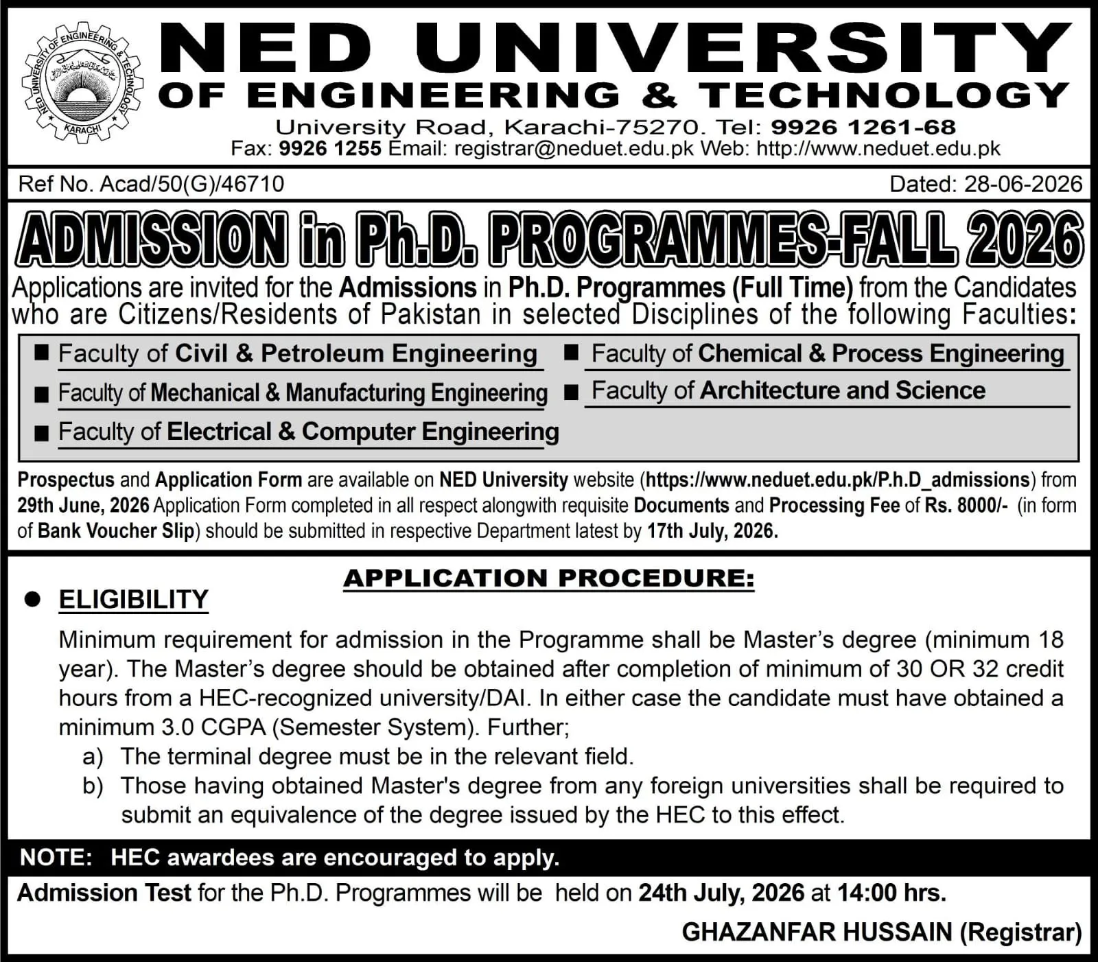 NED University of Engineering & Technology Karachi (NEDUET) PhD Admissions 2026 admission advertisement NED University of Engineering & Technology Karachi (NEDUET) PhD Admissions 2026 admission advertisement