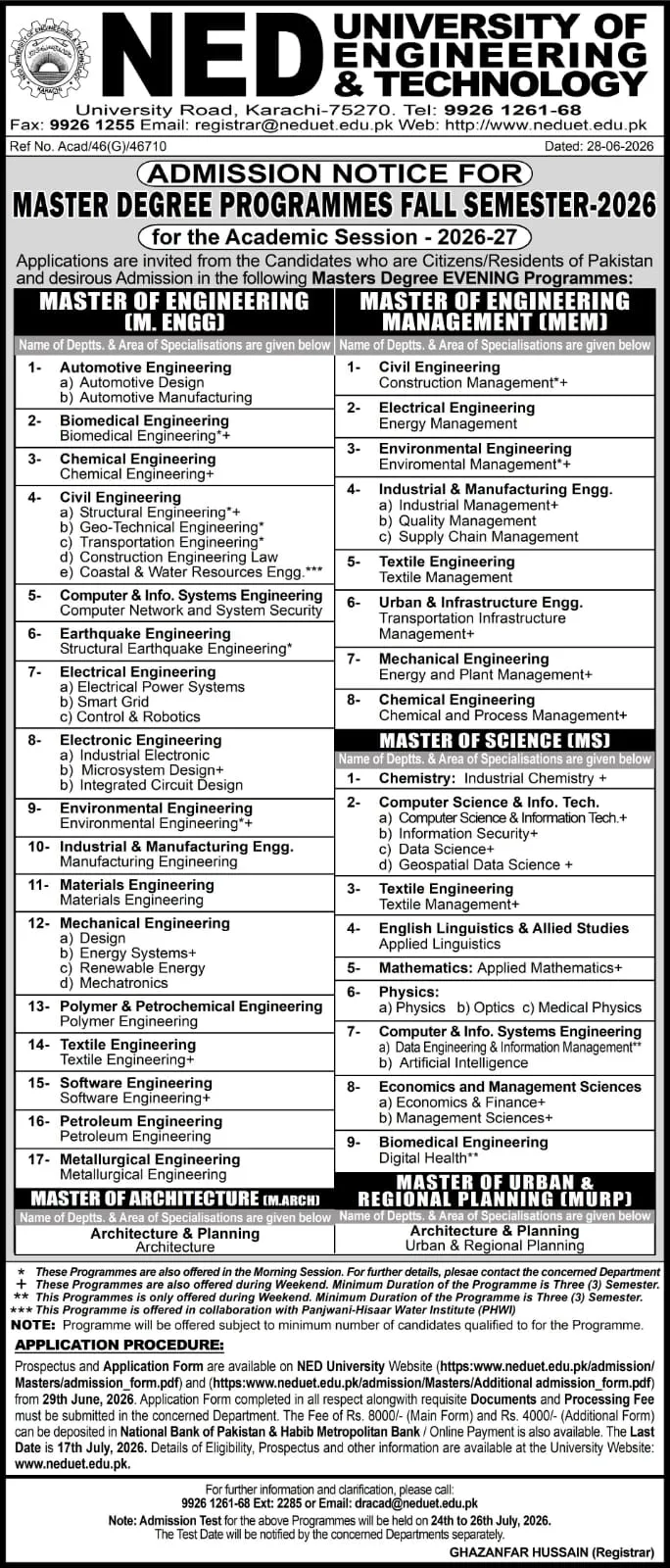 NED University of Engineering & Technology Karachi (NEDUET) Master Programs admissions 2026 admission advertisement NED University of Engineering & Technology Karachi (NEDUET) Master Programs admissions 2026 admission advertisement