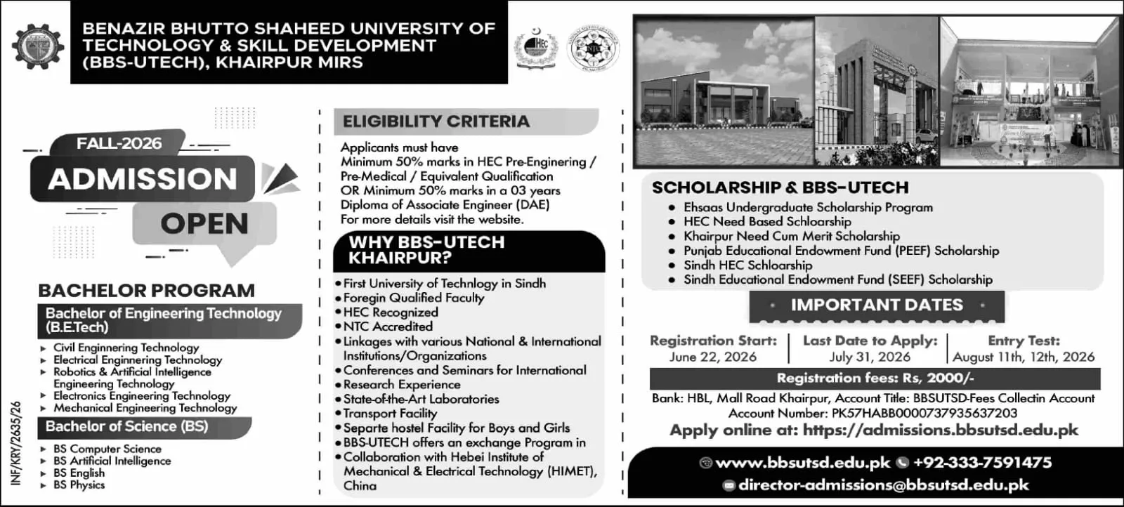 Benazir Bhutto Shaheed University of Technology and Skill Development Khairpur Mirs UG Fall Admission 2026 admission advertisement Benazir Bhutto Shaheed University of Technology and Skill Development Khairpur Mirs UG Fall Admission 2026 admission advertisement