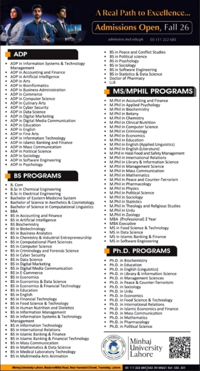 Minhaj University (MU) Fall Admissions 2026 admission advertisement