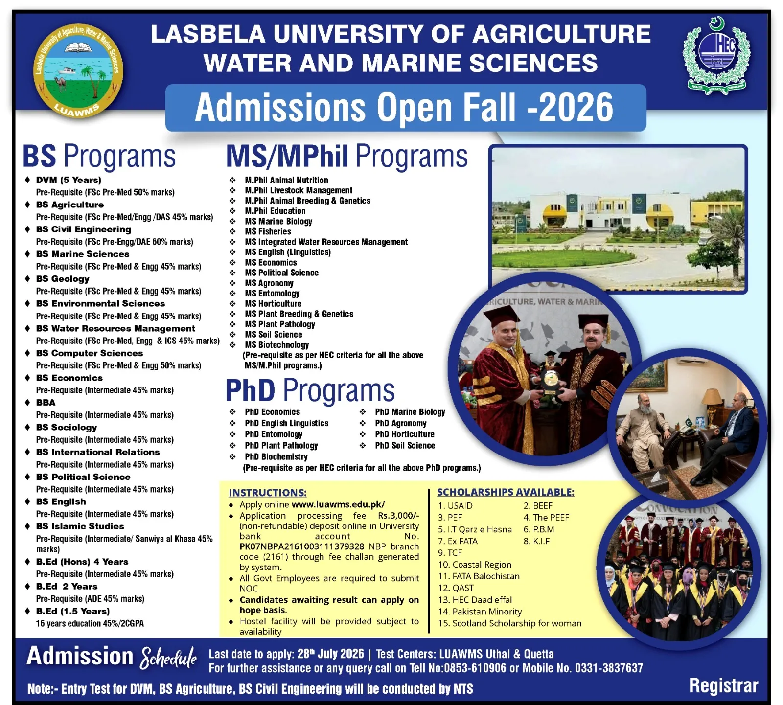 Lasbela University of Agriculture, Water & Marine Sciences Uthal (LUAWMS) Fall Admission 2026 admission advertisement Lasbela University of Agriculture, Water & Marine Sciences Uthal (LUAWMS) Fall Admission 2026 admission advertisement