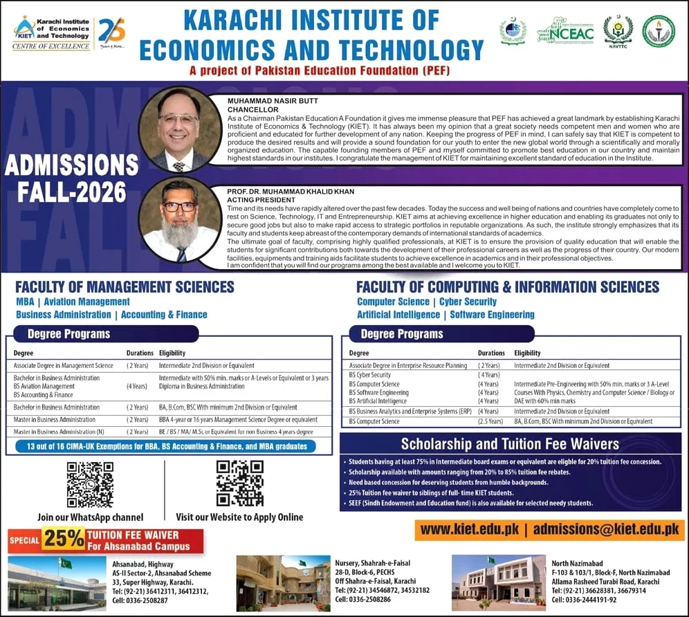 Karachi Institute of Technology & Entrepreneurship (KITE) Karachi (KITE) UG Fall Admission 2026 admission advertisement