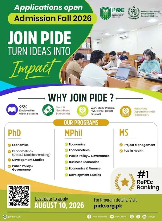 Pakistan Institute of Development Economics Islamabad (PIDE) UG Fall Admission 2026 admission advertisement