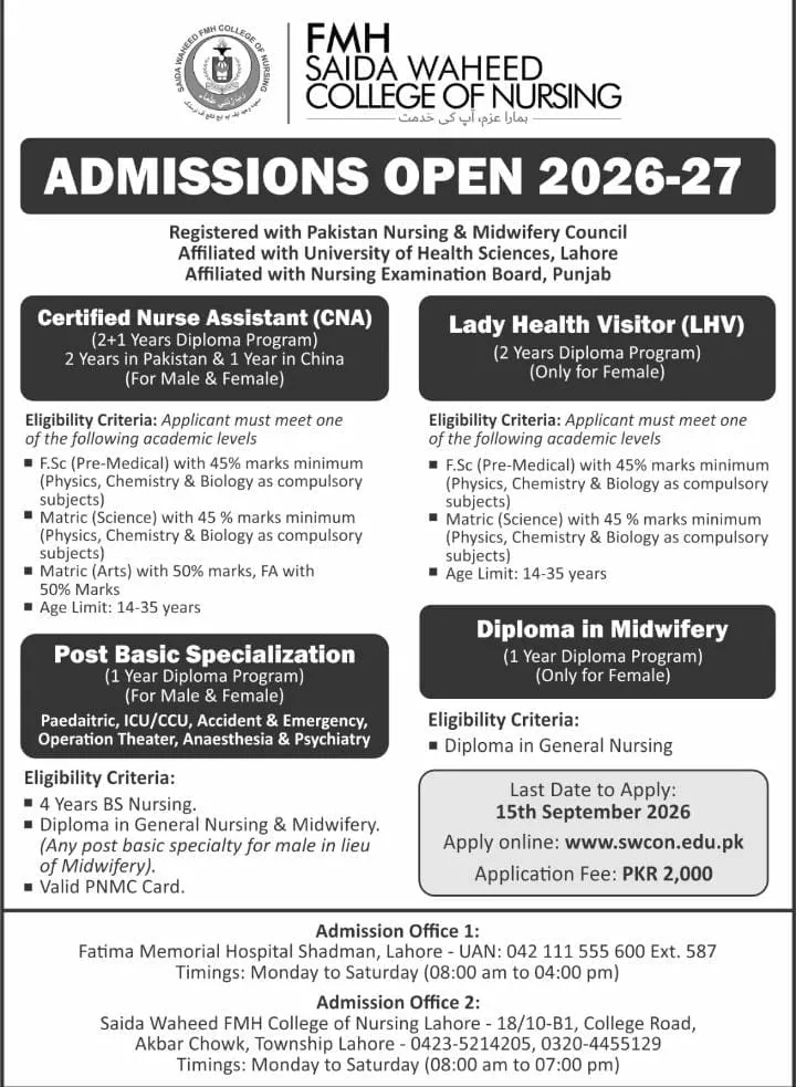 Saida Waheed FMH College of Nursing Lahore - Undergraduate Programs (Nursing Admissions 2026)