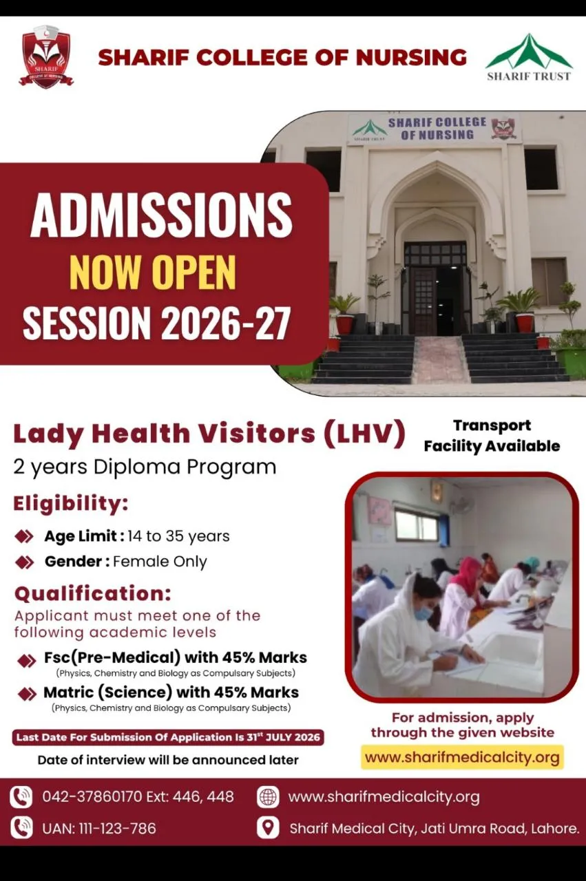 Sharif College of Nursing Lahore LHV Admissions 2026 admission advertisement