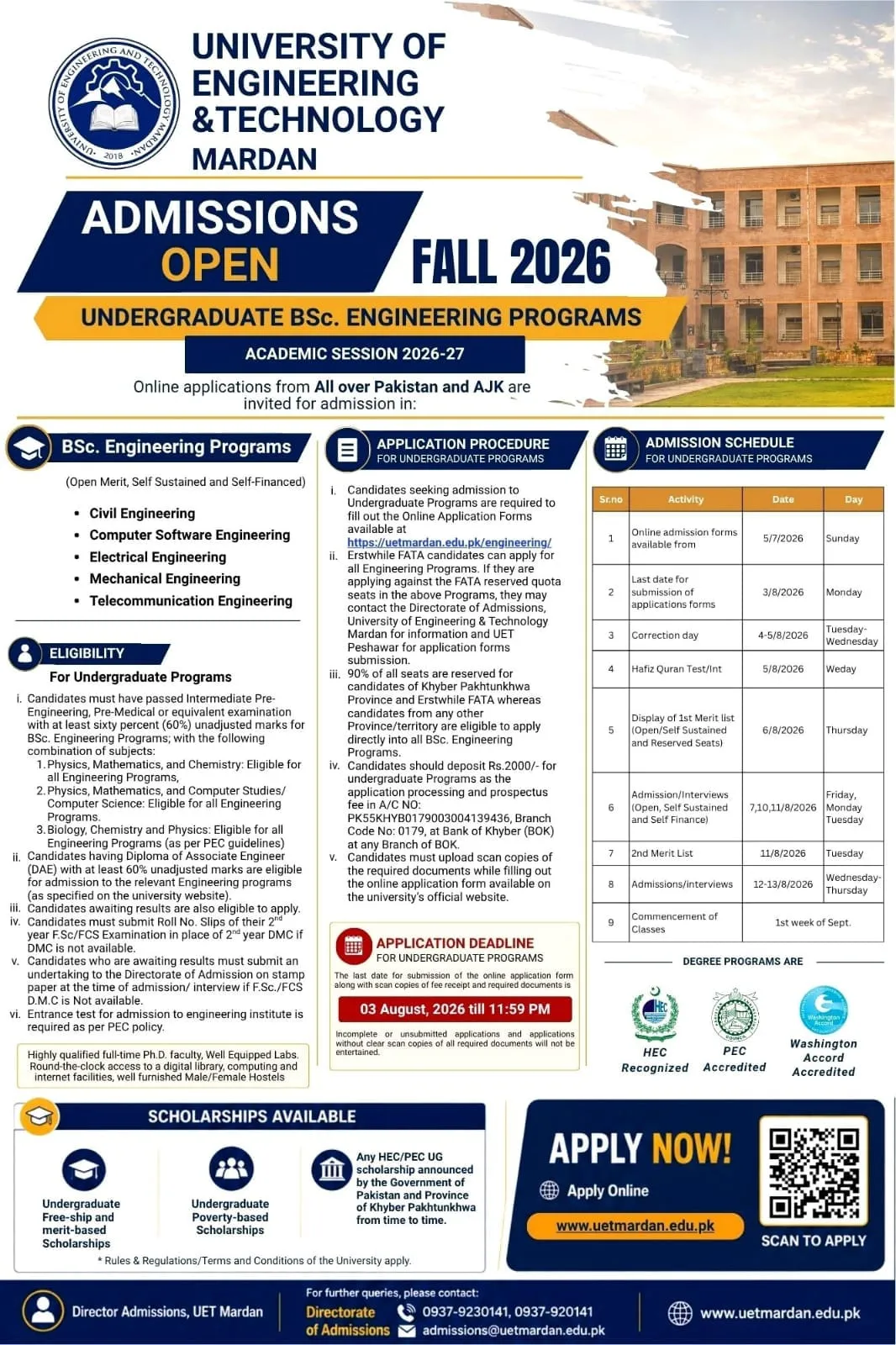 University of Engineering & Technology, Mardan (UET Mardan) - Undergraduate Programs (BS Fall Admissions 2026)