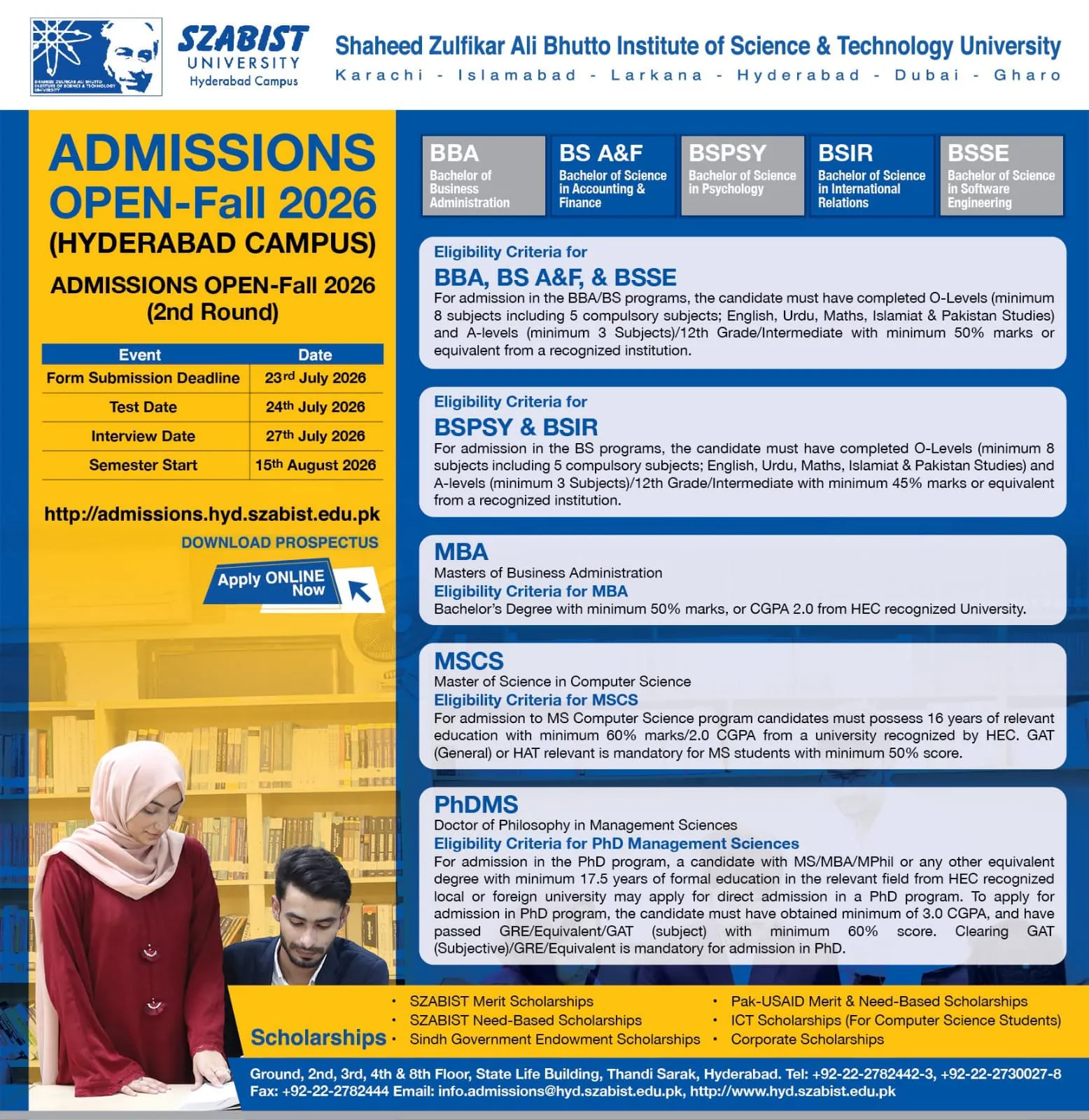 Shaheed Zulfikar Ali Bhutto Institute of Science & Technology( Hyderabad Campus ) - BS, MS, PHD (Admissions Fall 2026)
