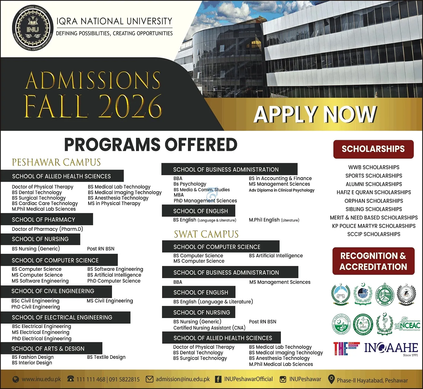 Iqra National University Peshawar (INU) - Under Graducate / Graduate / Post Graduate Programs (Fall Admission 2026)
