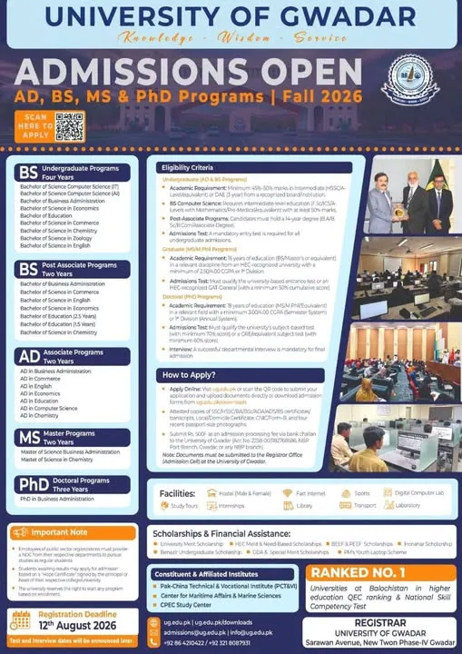 University of Gwadar (UoG) Fall Admission 2026 admission advertisement