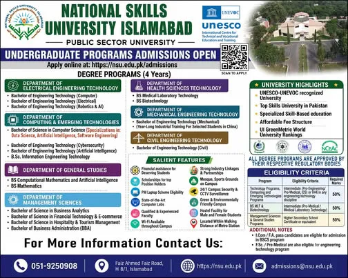 National Skills University, Islamabad (NSU) Fall Admission 2026 admission advertisement National Skills University, Islamabad (NSU) Fall Admission 2026 admission advertisement