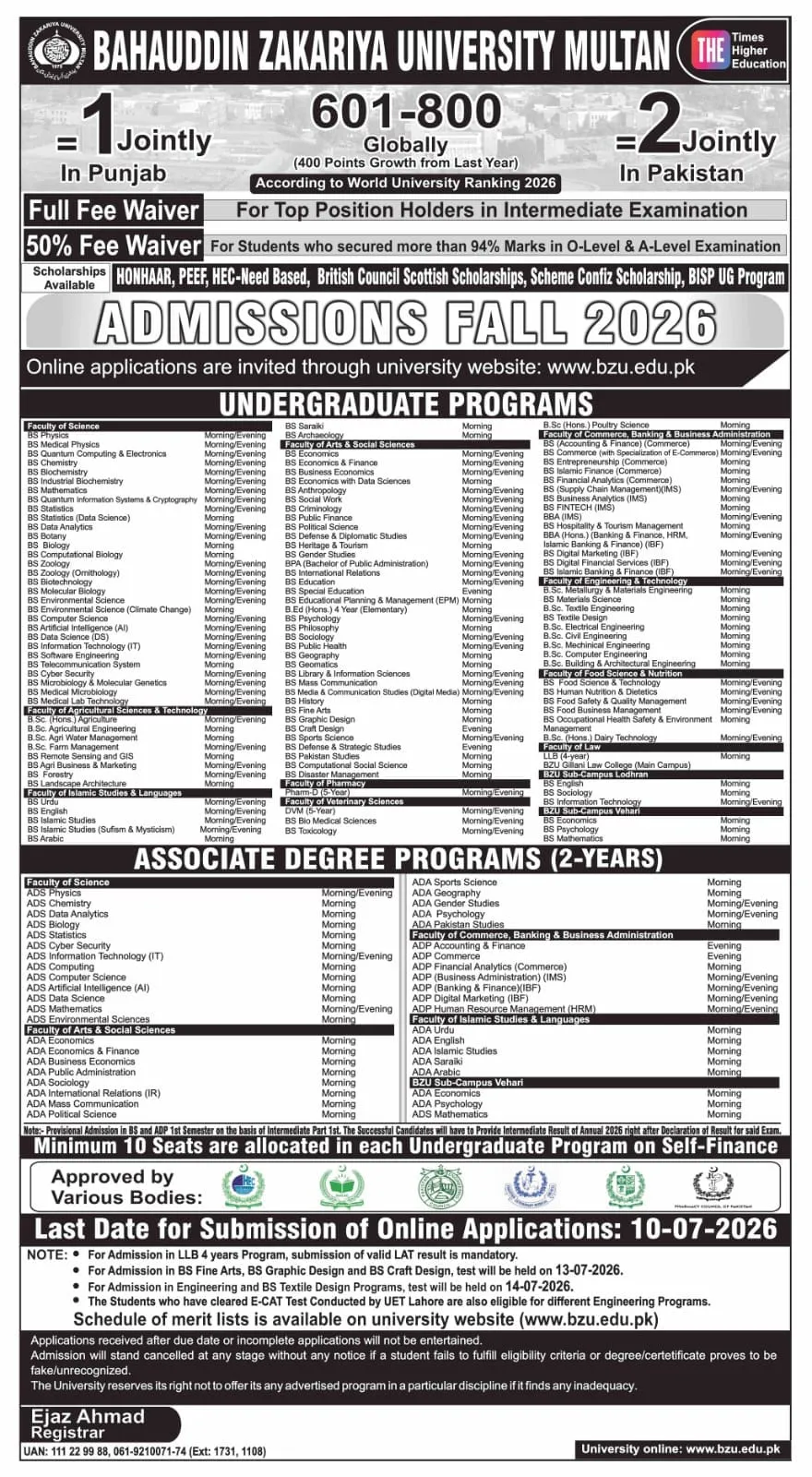 Bahauddin Zakariya University Lodhran Campus (BZU) Fall Admission 2026 admission advertisement Bahauddin Zakariya University Lodhran Campus (BZU) Fall Admission 2026 admission advertisement