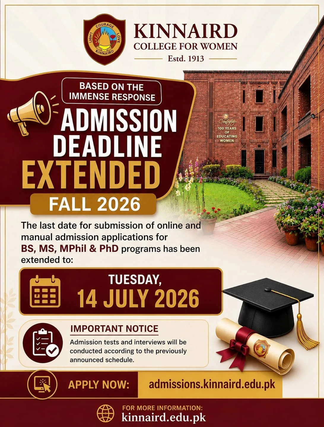 Kinnaird College for Women Lahore (KCW) Fall Admission 2026 admission advertisement