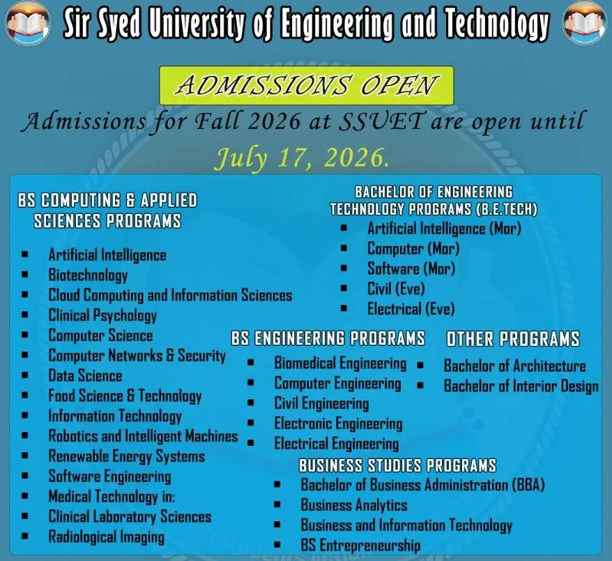Sir Syed University of Engineering & Technology Karachi (SSUET) Fall Admission 2026 admission advertisement