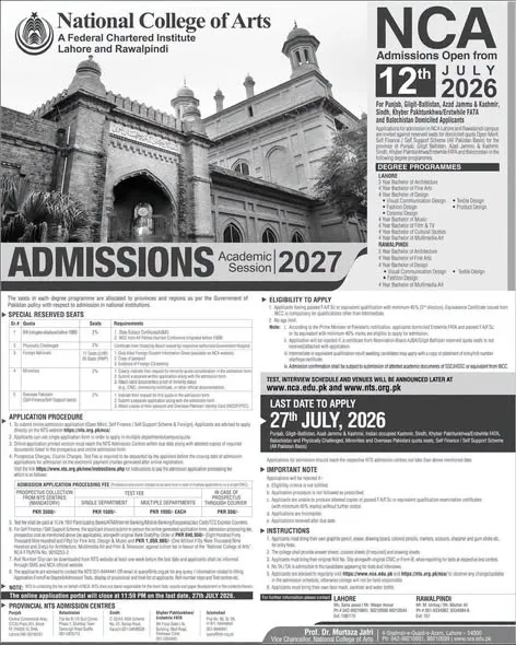 National College of Arts Rawalpindi (NCARWP) UG Fall Admissions 2026 admission advertisement National College of Arts Rawalpindi (NCARWP) UG Fall Admissions 2026 admission advertisement