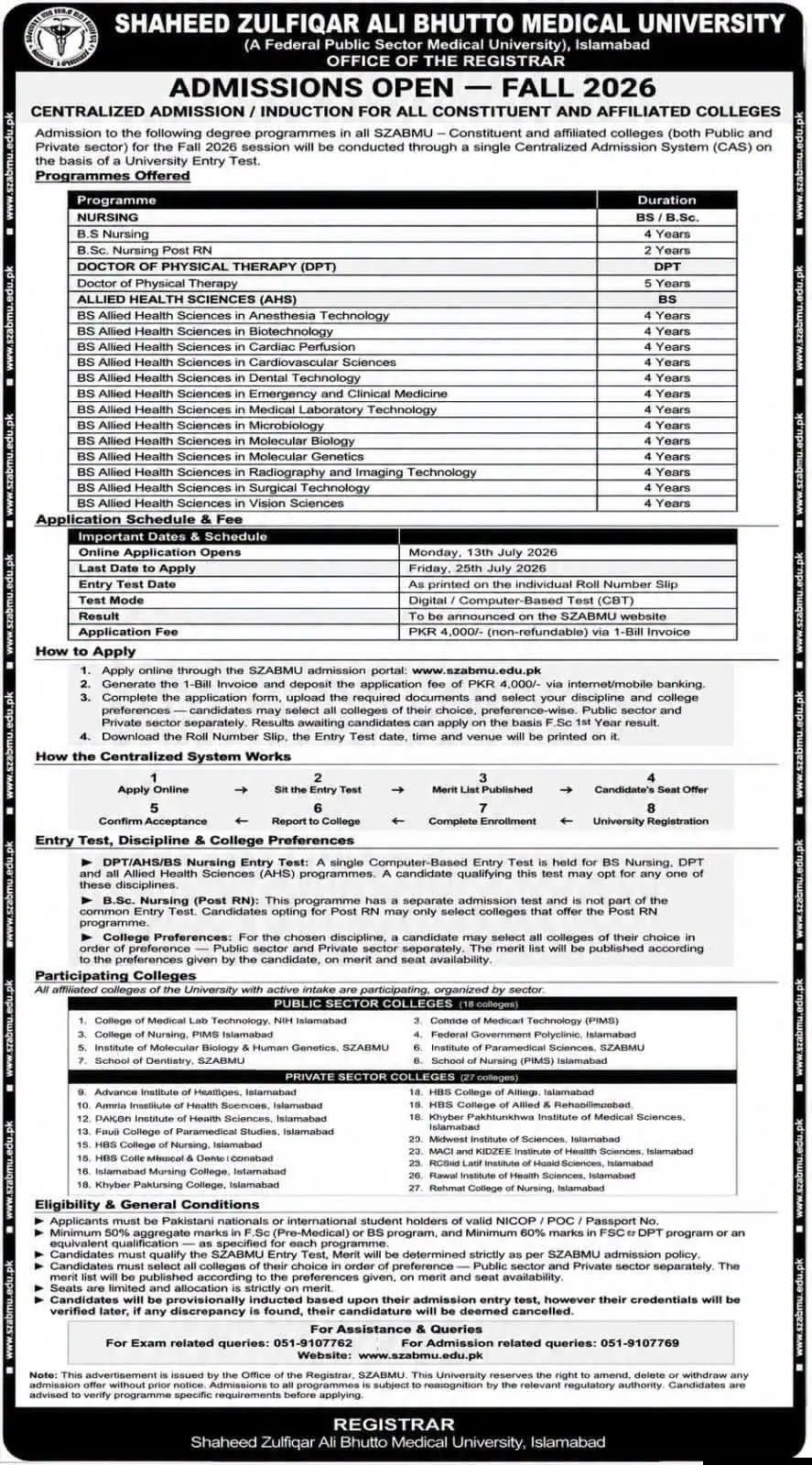 Shaheed Zulfiqar Ali Bhutto Medical University Islamabad (SZABMU) Centralized Fall Admissions 2026 admission advertisement Shaheed Zulfiqar Ali Bhutto Medical University Islamabad (SZABMU) Centralized Fall Admissions 2026 admission advertisement