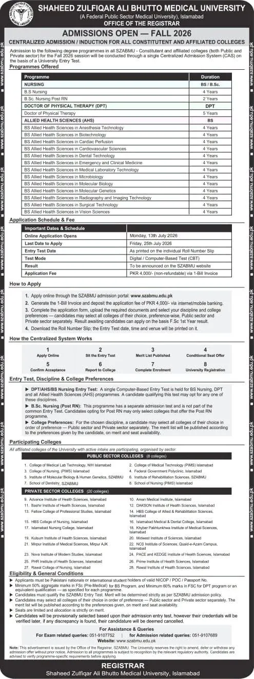 Shaheed Zulfiqar Ali Bhutto Medical University Islamabad (SZABMU) Entry Test for UG AHS Programs 2026 admission advertisement Shaheed Zulfiqar Ali Bhutto Medical University Islamabad (SZABMU) Entry Test for UG AHS Programs 2026 admission advertisement