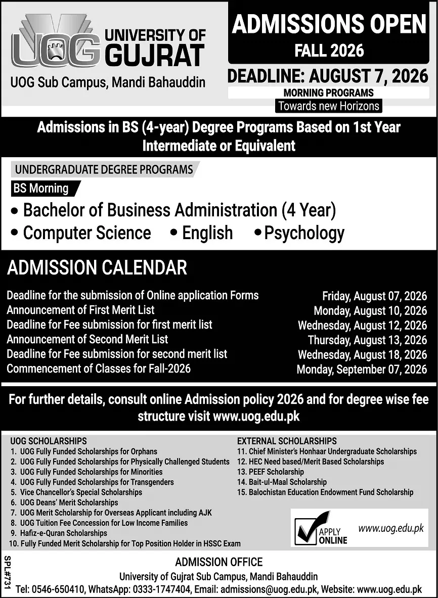 University of Gujrat (UOG) Sub Campus Mandi Bahauddin Fall Admission 2026 admission advertisement University of Gujrat (UOG) Sub Campus Mandi Bahauddin Fall Admission 2026 admission advertisement
