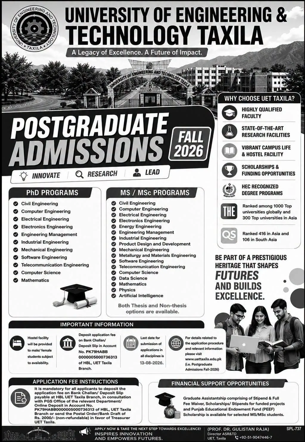University of Engineering & Technology, Taxila (UET Taxila) PG Fall Admissions 2026 admission advertisement University of Engineering & Technology, Taxila (UET Taxila) PG Fall Admissions 2026 admission advertisement