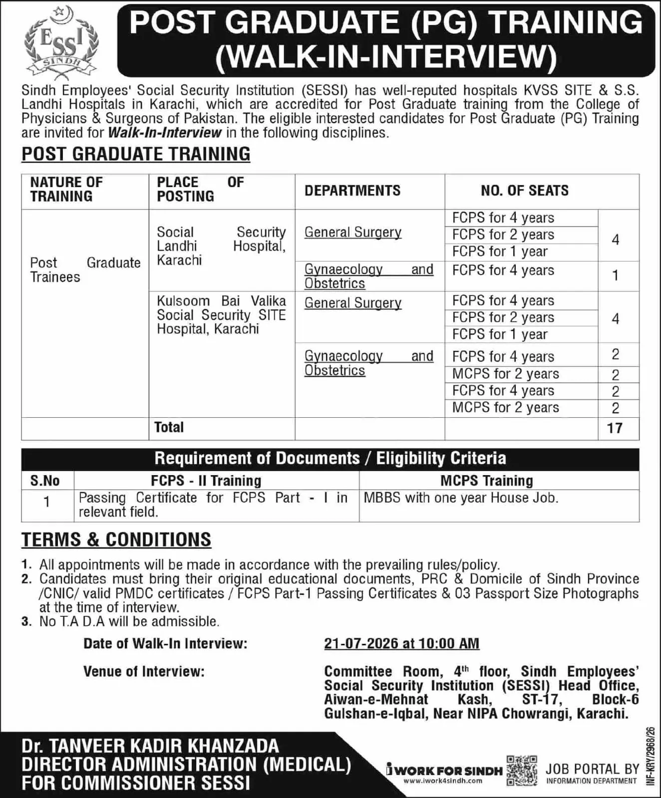 Sindh Employees' Social Security Institution (SESSI), Karachi PG Training 2026 admission advertisement Sindh Employees' Social Security Institution (SESSI), Karachi PG Training 2026 admission advertisement