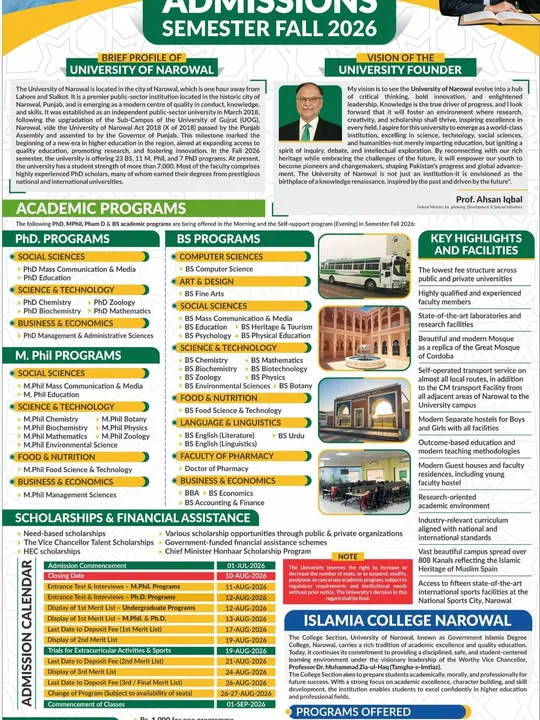 University of Narowal (UN) Fall Admission 2026 admission advertisement University of Narowal (UN) Fall Admission 2026 admission advertisement
