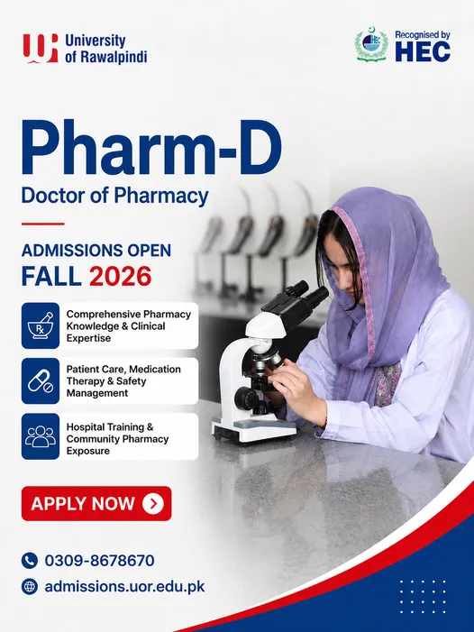 University of Rawalpindi (UOR) Pharm D Admissions 2026 admission advertisement University of Rawalpindi (UOR) Pharm D Admissions 2026 admission advertisement