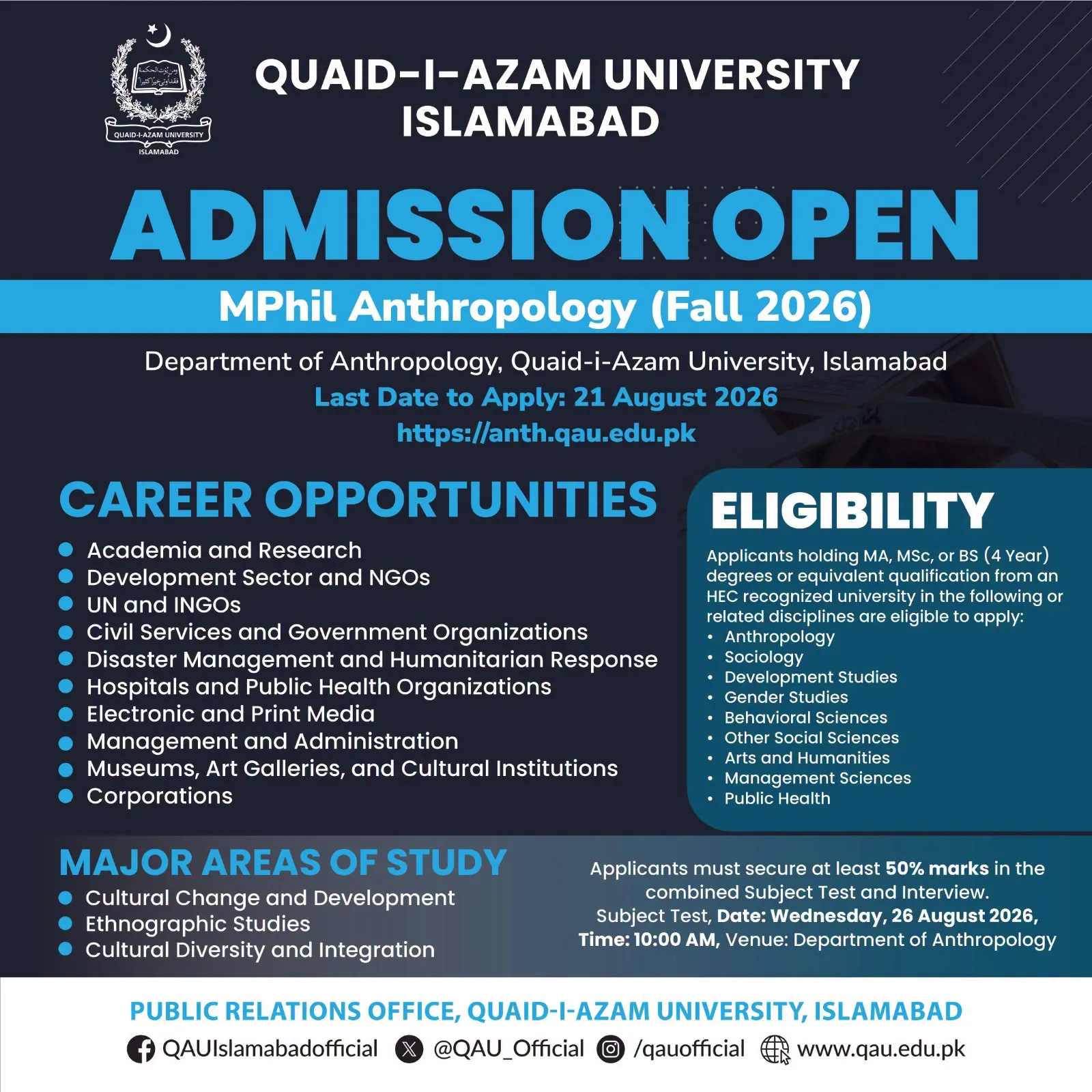 Quaid-i-Azam University Islamabad (QAU) MPhil Anthropology 2026 admission advertisement Quaid-i-Azam University Islamabad (QAU) MPhil Anthropology 2026 admission advertisement