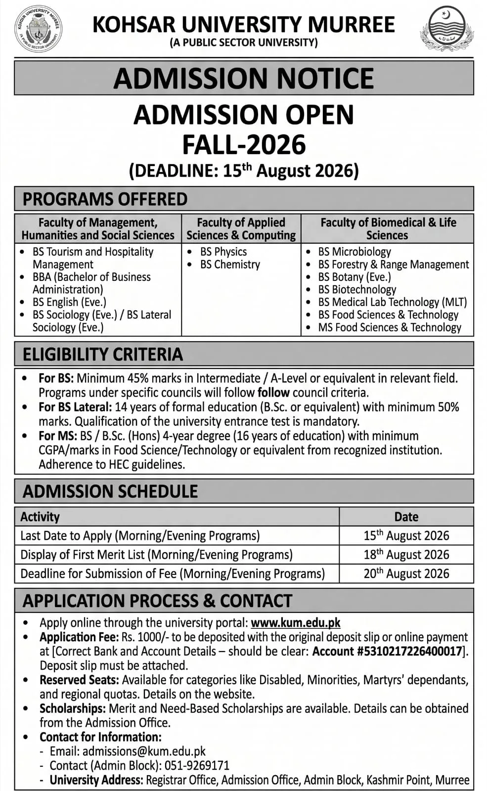 Kohsar University Murree (KUM) - BS & MS (Fall Admissions 2026)
