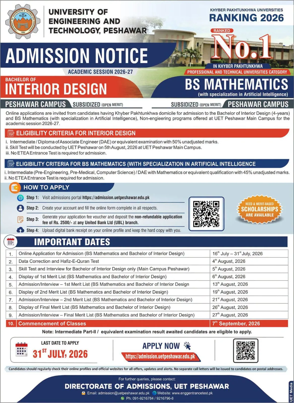 University of Engineering & Technology, Peshawar (UET Peshawar) BS Fall Admissions 2026 admission advertisement University of Engineering & Technology, Peshawar (UET Peshawar) BS Fall Admissions 2026 admission advertisement