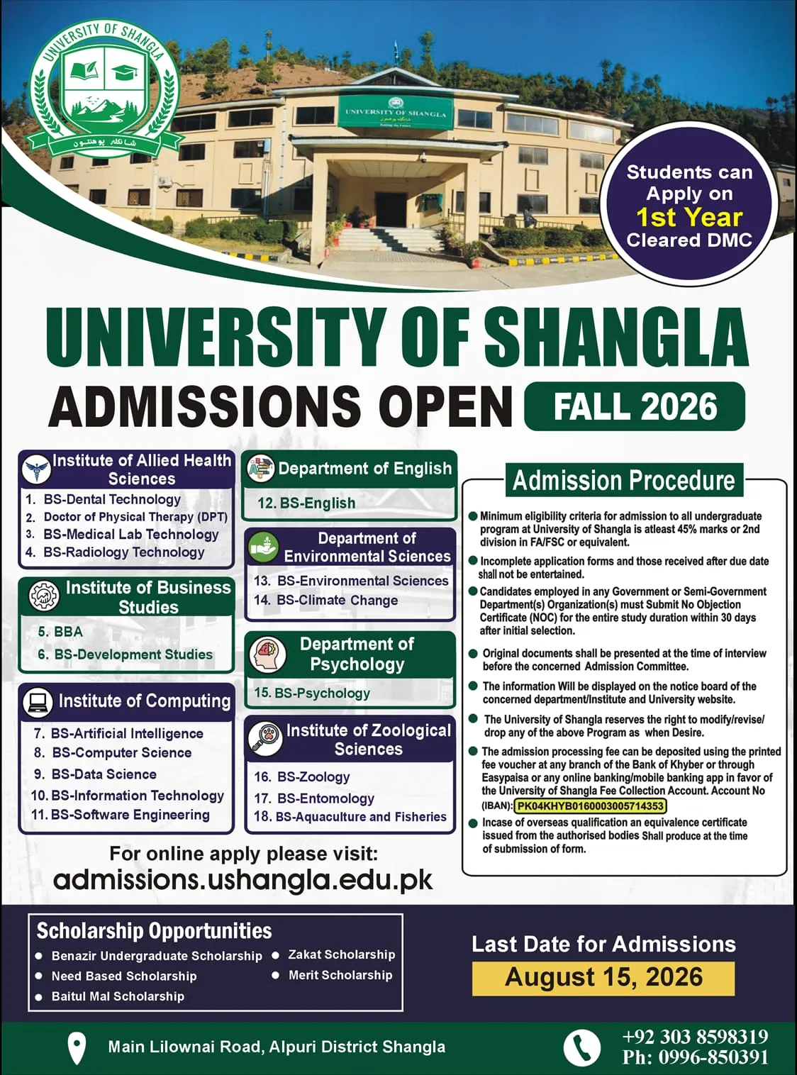University of Shangla (USHANGLA) UG Fall Admissions 2026 admission advertisement University of Shangla (USHANGLA) UG Fall Admissions 2026 admission advertisement