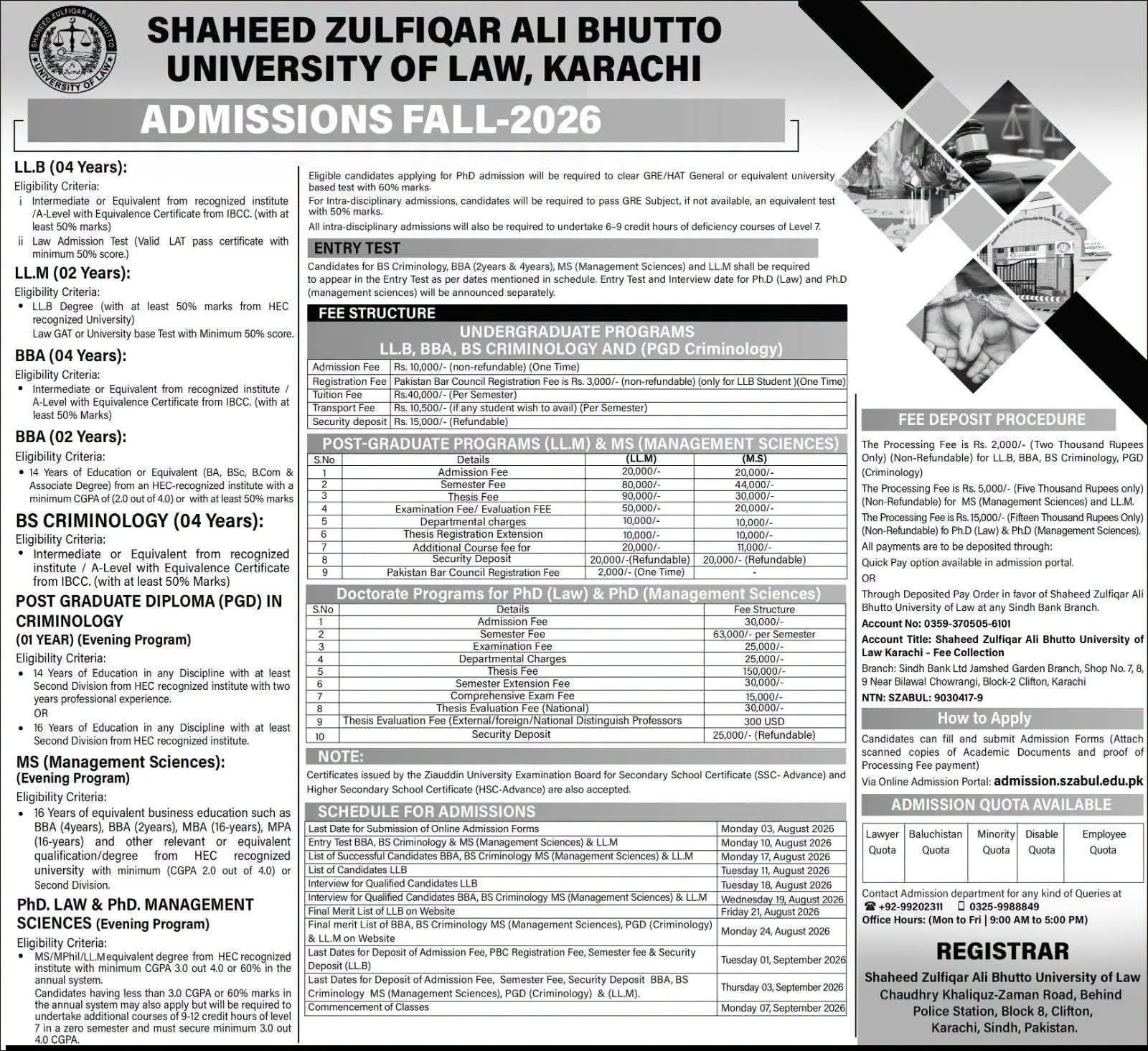 Shaheed Zulfiqar Ali Bhutto University of Law Karachi (SZABUL) - Under Graducate / Graduate / Post Graduate Programs (Fall Admission 2026)